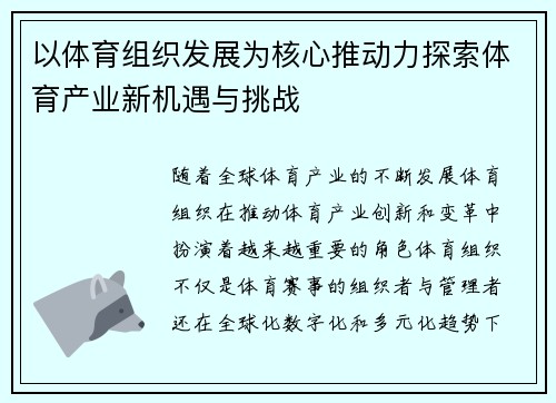 以体育组织发展为核心推动力探索体育产业新机遇与挑战