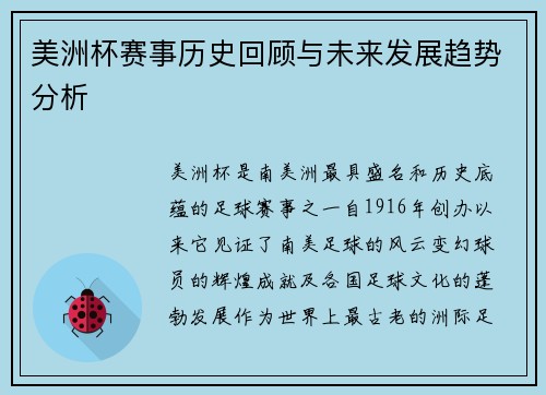 美洲杯赛事历史回顾与未来发展趋势分析