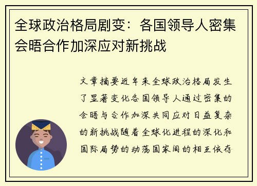 全球政治格局剧变：各国领导人密集会晤合作加深应对新挑战