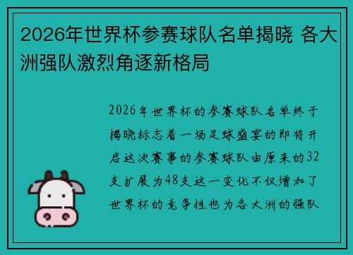 2026年世界杯参赛球队名单揭晓 各大洲强队激烈角逐新格局