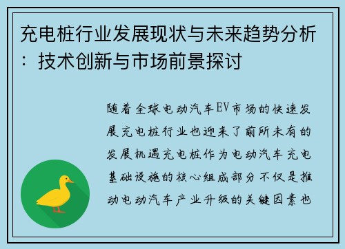 充电桩行业发展现状与未来趋势分析：技术创新与市场前景探讨