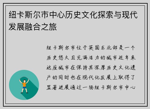 纽卡斯尔市中心历史文化探索与现代发展融合之旅